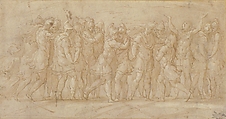 Roman or Greek Warriors Celebrating after a Victory., Parmigianino (Girolamo Francesco Maria Mazzola) (Italian, Parma 1503–1540 Casalmaggiore), Pen and brown ink, brush and brown wash, highlighted with white gouache, on beige paper