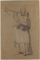 A standing monk, Anonymous, French, 18th century, Black and white chalk on gray-brown paper