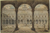 Cloister of the Certosa di San Martino, Naples, Louis Jean Desprez (French, Auxerre 1743–1804 Stockholm), Pen and gray ink, watercolor over traces of black chalk