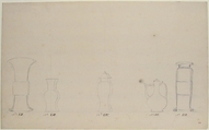 Design for Four Vases and a Teapot, Anonymous, French, 18th century, Pen and brown ink, and black chalk