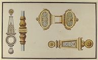 Designs for Door Hardware, Anonymous, French, 18th century, Graphite, pen and gray ink, brush and brown, blue, yellow, gray, and green wash.  Framing lines in pen and black ink.