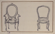 Design for Two Chairs, Anonymous, French, 18th century, Pen and black ink, brush and gray wash over graphite; framing lines in pen and brown ink.