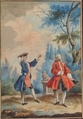 Two dancing male figures in a landscape, Anonymous, French, 18th century, Gouache; framing lines in pen and brown ink