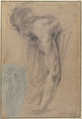 The Reclining Headless Body of Holofernes; Study of Female Semi-Nude Figure (on a small separate, unrelated sheet of blue paper, pasted onto the lower left of the large sheet), Guido Reni (Italian, Bologna 1575–1642 Bologna) (the study of Holofernes only), Black chalk on brownish paper that may have been originally blue (Holofernes); black chalk on blue paper (female figure)