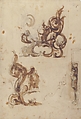 Designs for Ornamental Motifs and for a Herm Supporting a Chimney Piece, Moncalvo (Guglielmo Caccia) (Italian, Montabone 1568–1625 Moncalvo), Pen and brown ink, brush and brown wash, over black chalk