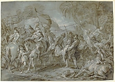 Alexander and Porus, François Le Moyne (French, Paris 1688–1737 Paris), Brush and brown wash, heightened with white, over black chalk, on blue paper. All four in curved corners have been filled in.