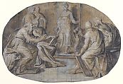 The Virgin and Saint Joseph find Jesus Disputing with the Doctors in the Temple, Camillo Procaccini (Italian, Bologna 1555–1629 Milan), Pen and black ink, brush and gray wash, highlighted with white gouache, over charcoal, on brownish paper