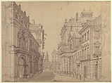 Perspective Design for a Stage Set of an Italian Cityscape, Antonio Mauro II (Italian, active 1784–97), Pen and black ink, brown and gray wash and leadpoint with vertical lines in leadpoint for the architectural construction