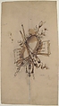 Musical Trophy, Charles Monblond (French, 19th century), Graphite, pen and dark brown ink, brush and brown wash.  Pricked for transfer.