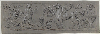 Design for a Decorative Frieze, Anonymous, French, 19th century, Graphite, black chalk, brush and brown wash, heightened with white.  Framing lines in black chalk