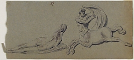 Reclining Nymph and Centaur, Anonymous, French, 18th century French, Pen and black ink, brush and gray wash on blue paper