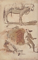Sheet of Studies: A Horse Above, a Seated Man and a Reclining Man Below, Attributed to Micco Spadaro (Domenico Gargiulo) (Italian, Naples 1609/10–1675 Naples (?)), Pen and brown ink, brush and brown and a little red-brown wash