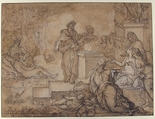 Sacrifice Offered before a Statue of Jupiter, Louis de Boullogne the Elder (French, Paris 1609–1674 Paris), Pen and black ink, heightened with white gouache over a preliminary design in black chalk; a separate piece of paper has been cut out and affixed over the seated figure at the left margin.