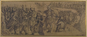 Design for a Narrative Frieze:  A Commander Addressing His Troops, Alessandro Allori (Italian, Florence 1535–1607 Florence), Pen and brown ink, brush and gray-brown wash, highlighted with a little white, over black chalk, on brownish paper; framing lines in black chalk