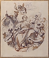 Study of Justice Dispensing Rewards to the Arts (recto); Study of a Lunette and Spandrel (verso), Lorenzo de&#39; Ferrari (Italian, Genoa 1680–1744 Genoa), Brush and brown wash, over black chalk (recto); faint study of a lunette and spandrel, in black chalk (verso)