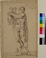 Study of a Male Figure Holding a Vessel (Apollo), François Boitard (French, ca. 1670–ca. 1715), Pen and black ink. Framing lines in pen and black ink
