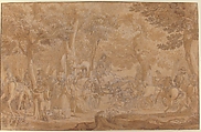 Outing in a Wood, Jean Michel Moreau le Jeune (French, Paris 1741–1814 Paris), Pen and black ink, brown wash, over black chalk, on beige paper.