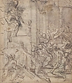 Apparition of Christ (recto); Printed Fragment with Jupiter Enthroned with Eagle, from Caraglio's "Martyrdom of Saint Peter and Saint Paul" (verso), Parmigianino (Girolamo Francesco Maria Mazzola)  Italian, Pen and brown ink, brush and gray-brown wash, over traces of leadpoint and some stylus ruling (recto); printed Jupiter enthroned with attendant eagle (verso)
