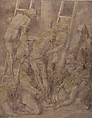 The Descent from the Cross with Saint Francis and Another Friar, Jacopo Ligozzi (Italian, Verona 1547–1627 Florence), Pen and brown ink, brush and brown and gray wash, heightened with gold; framing lines in pen and brown ink and gold