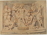 Apollo Bathing, Attended by the Nymphs of Thetis, Charles Le Brun (French, Paris 1619–1690 Paris), Brush and gray wash, over red and black chalk; squared in black chalk; framing lines in pen and brown ink