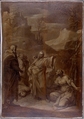 Christ and the Canaanite Woman, Giovan Gioseffo dal Sole (Italian, Bologna 1654–1719 Bologna), Brown and cream oil paint, on a sheet imprinted with a Latin text