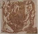 Group of Nude Male Figures Kneeling and Standing in Supplication, Giovanni Baglione (Italian, Rome 1566–1643 Rome), Pen and brown ink, brush and brown wash; squared in red chalk