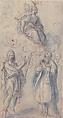 The Virgin and Child with Saint John the Baptist, Pope Saint Dionysius, Filippo Neri and a Male Saint, Baccio (Lorenzo Bartolo) Ciarpi (Italian, Barga, near Lucca 1578–1654 Rome), Black chalk, highlighted with blue wash