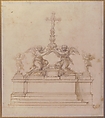 Design for an Altar with Kneeling Angels Supporting a Crucifix, Ciro Ferri (Italian, Rome 1634?–1689 Rome), Pen and brown ink, brush and brown wash, over black chalk