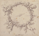 The Holy Spirit Surrounded by a Wreath of Flowers Held up by Infant Angels, Giovanni Battista Merano (Italian, Genoa 1632–1698 Piacenza), Pen and brown ink, brush and brown wash, over black chalk