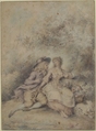 Seated Couple in a Bower, Anonymous, French, 18th century, Colored chalk; framing lines in graphite