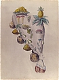 Fantastic Hairdresses with Fruit and Vegetable Motifs, Anonymous, French, 18th century, Watercolor on canvas laid down on board