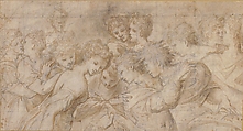 Embracing Female Figures, Some Holding Musical Scores., Attributed to Girolamo Mirola (Italian, Bologna documented, 1562–1570), Pen and brown ink, brush and brown wash, partly highlighted with white gouache (somewhat oxidized), over black chalk; squared in black chalk