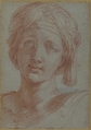 Head of a Young Woman Wearing a Turban, Alessandro Tiarini (Italian, Bologna 1577–1668 Bologna), Red chalk, a little black and white chalk, on blue paper