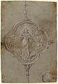 Drawing for a Standard with Christ in Glory Flanked by Putti, Anonymous, Italian, Florentine, 16th century, Black chalk highlighted with white gouache, with some brown ink wash on blue paper, laid down