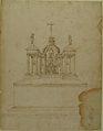 Design for a Tabernacle Surmounted by Christ on the Cross and Praying Figures (the Virgin and Saint John?), Galeazzo Alessi (Italian, Perugia 1512–1572 Perugia), Pen and brown ink over traces of preliminary constructions in graphite, brush and light brown wash