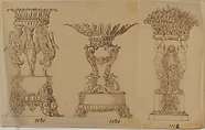 Designs for Two Serving Dishes and a Planter, Anonymous, French, 19th century, Pen and brown ink