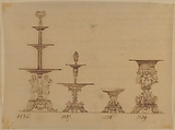 Designs for Serving Trays, a Dish and an Urn, Anonymous, French, 19th century, Pen and brown ink