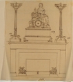 Designs for Fireplace Iron, Mantle Candlesticks and a Clock, Anonymous, French, 19th century, Pen and brown ink