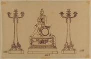 Design for a Set of Candlesticks and a Clock, Anonymous, French, 19th century, Pen and brown ink