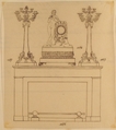 Design for a Fireplace Iron, Mantle Candlesticks and a Clock, Anonymous, French, 19th century, Pen and brown ink