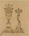 Designs for Two Candelabras and a Pedestal, Anonymous, French, 19th century, Pen and brown ink