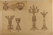 Designs for Three Candelabras and an Urn, Anonymous, French, 19th century, Pen and brown ink