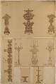 Designs for Three Planters, Three Candelabras, a Dish and a Serving Tray, Anonymous, French, 19th century, Pen and brown ink