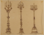 Designs for Three Candelabras, Anonymous, French, 19th century, Pen and brown ink