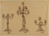 Designs for Three Candelabras, Anonymous, French, 19th century, Pen and brown ink
