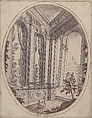 Vertical Oval Vignette of A Palace Interior with Two Figures Admiring Decoration; a Craggy Mountain Seen Through a Window in The Far Distance., Carlo Antonio Buffagnotti (Italian, Bologna 1660–after 1710 Ferrara), Pen and brown and black ink. Framing outlines in pen and brown ink. Foliage and hatching additions added around inside of frame in pen and brown ink