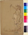 Design for a Menu: Girl Pouring from a Bottle, Jules Chéret  French, Pen and black ink, brush and brown and pale orange wash over graphite