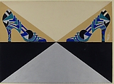 Blue, Green, Black and Silver Geometric-Patterned Pump for Delman's Shoes, New York, Erté (Romain de Tirtoff) (French (born Russia), St. Petersburg 1892–1990 Paris), Gouache