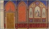 Elevation of a Church or Chapel with designs for ornament and a painted triptych of the Virgin Mary, Jules-Edmond-Charles Lachaise (French, died 1897), Graphite, pen and ink, watercolor, gouache, and gold paint on wove paper; inset in blue wove paper