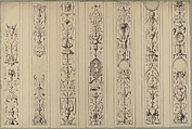 Design for Seven Vertical Panels of Arabesque Decoration, Farnsborough, England, Jules-Edmond-Charles Lachaise (French, died 1897), Pen and black ink, brush and gray wash, graphite